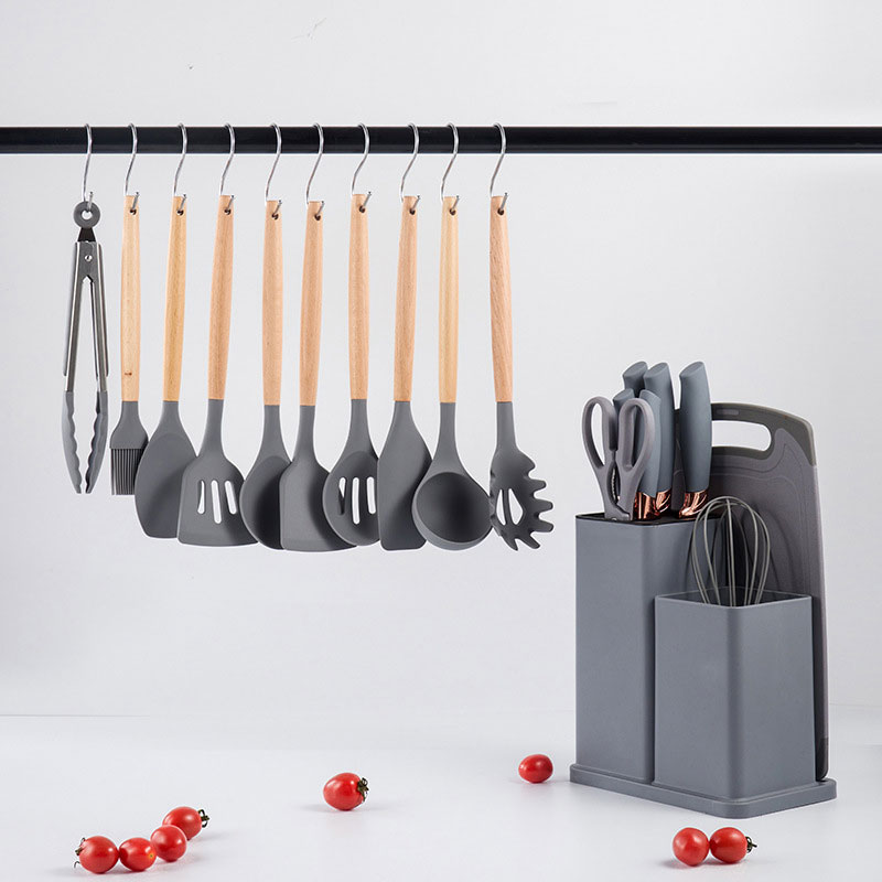 19-Piece Silicone Kitchen Utensil Set with Storage Bucket and Knives